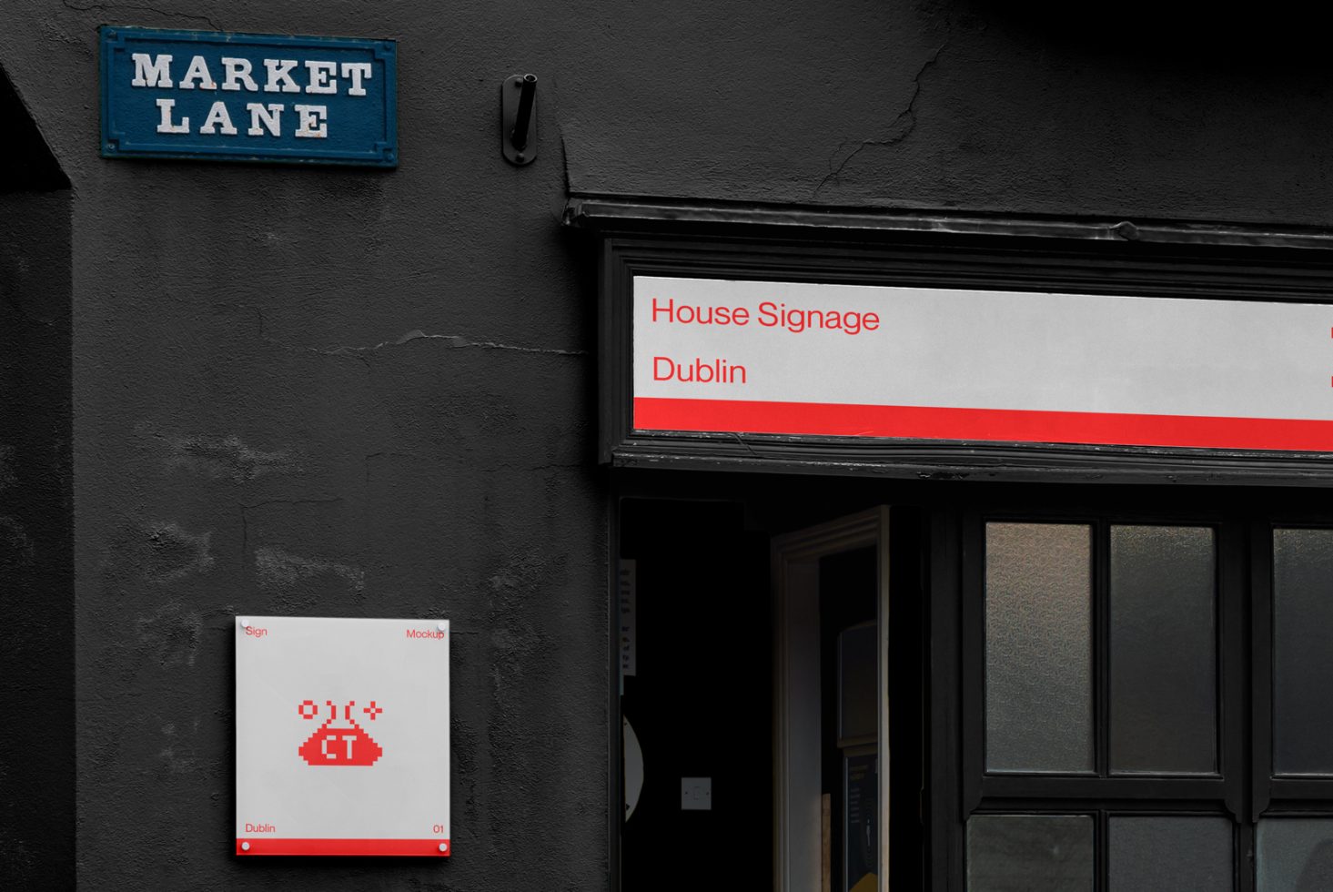 Urban street scene showcasing a mockup of house signage on a building facade, ideal for designers looking to present branding in a realistic setting.